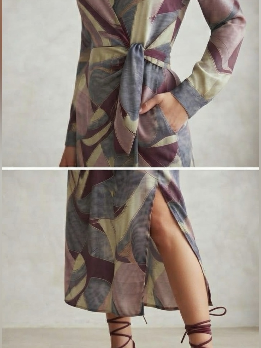 NWT Dress Forum "Umber Mosaic" Abstract Print Tie-Front Midi Shirt Dress - Picture 3 of 9